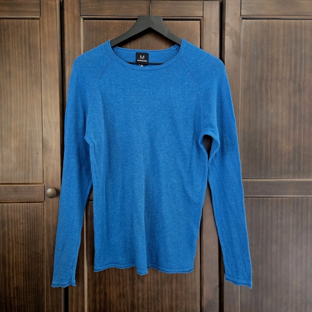Magaschoni Womens Crew Neck Lightweight Rolled Hem Long Sleeve Cotton Blue XS